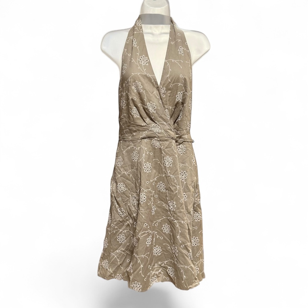 Joie Halter Wrap Dress Womens 8 Tan Excellent Floral‎ Embroidered Summer Boho